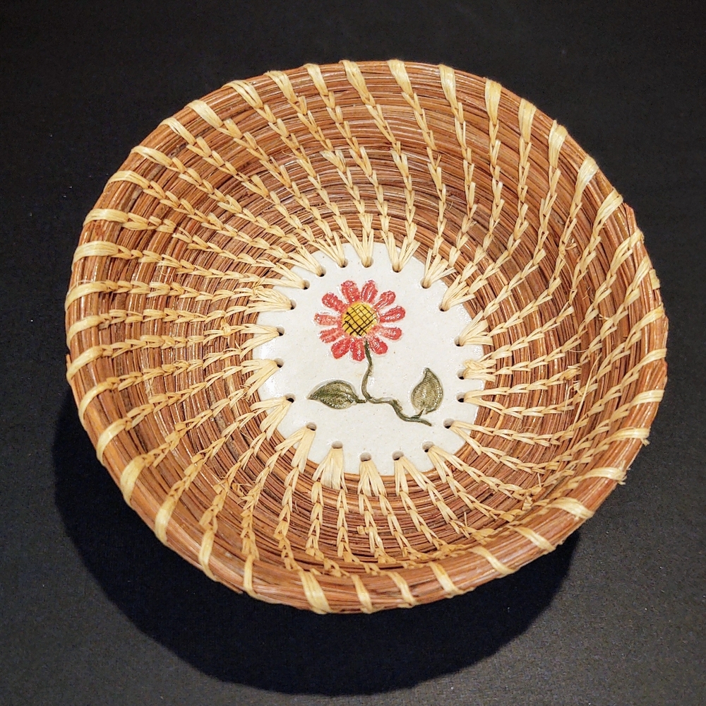 Handmade Pine Needle Basket Floral Ceramic Signed